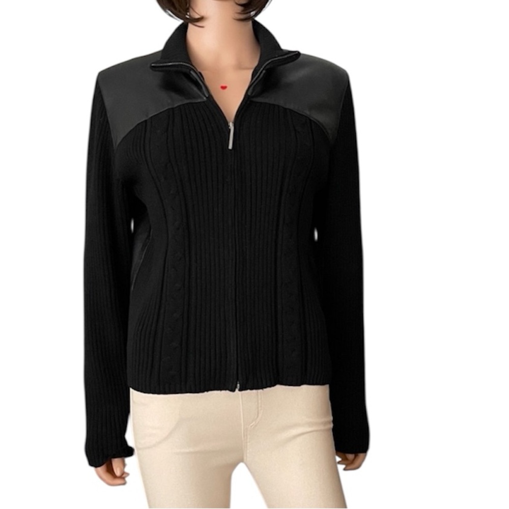 Siena Studio Black Leather and Merino Wool Knit Zipper Sweater Jacket
